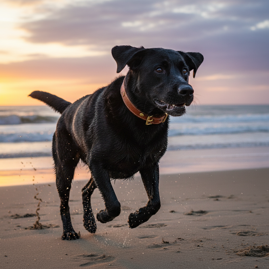 Brown leather Guardian AirTag collar on a Black Labrador