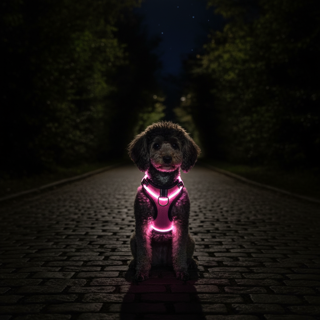 Pink Night-Shield Pro harness glowing on a Poodle at night