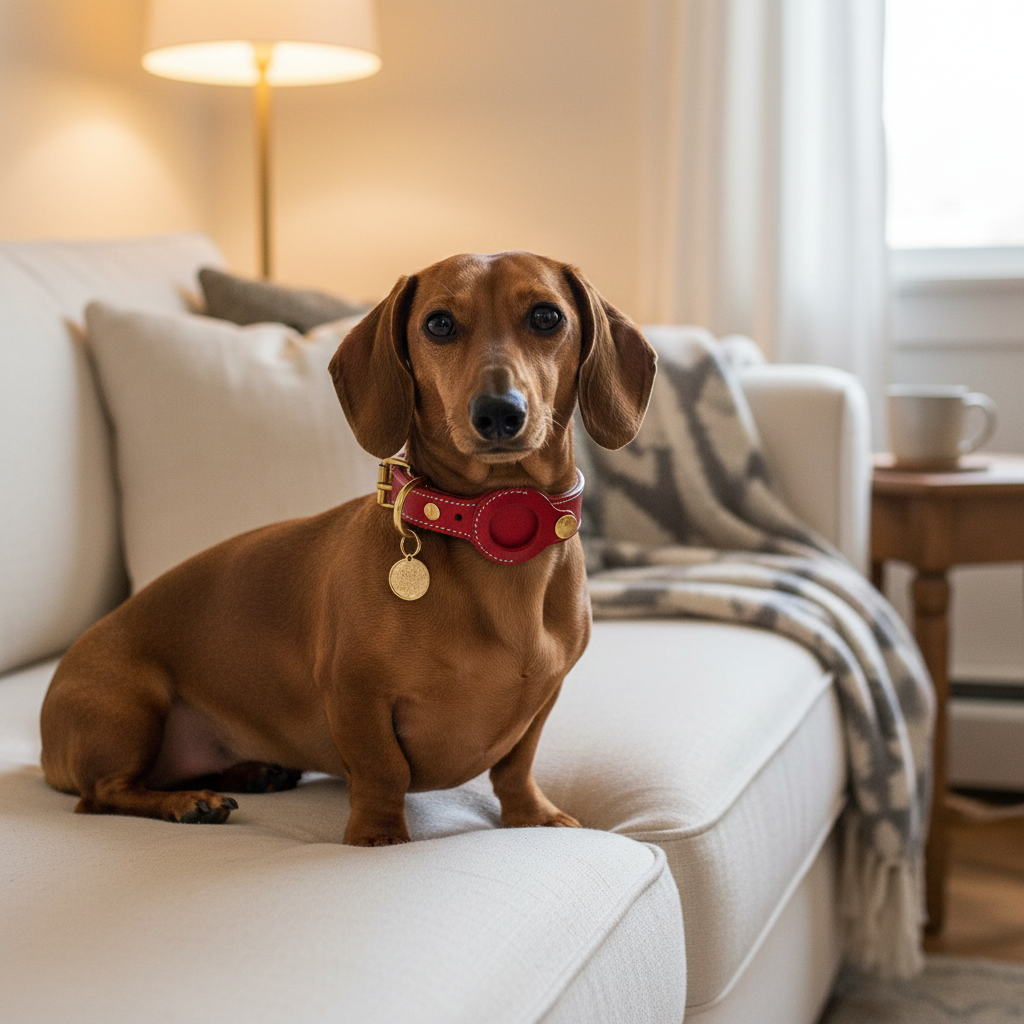 Red leather Guardian AirTag collar on a Dachshund