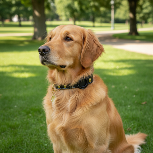Black leather Guardian AirTag collar on a Golden Retriever
