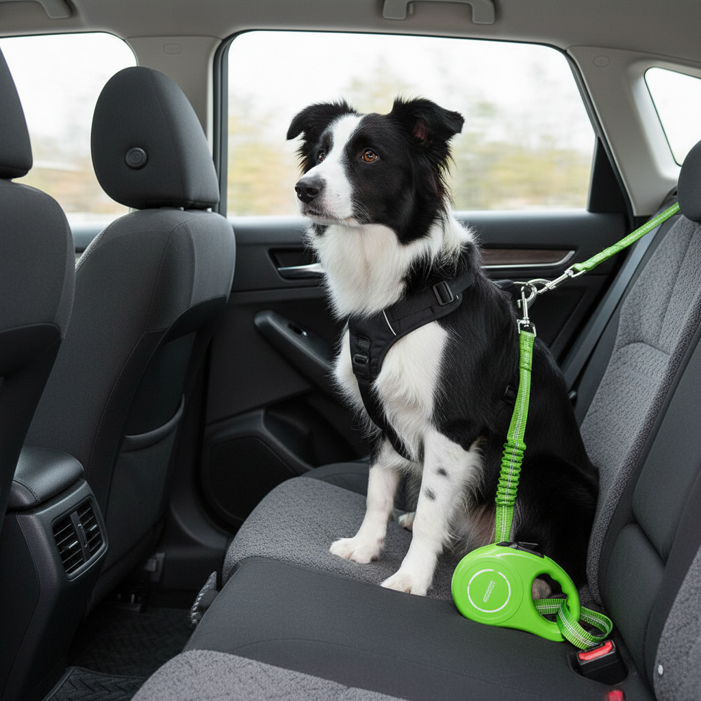 Green Shield-Drive lead with Border Collie secured in car back seat