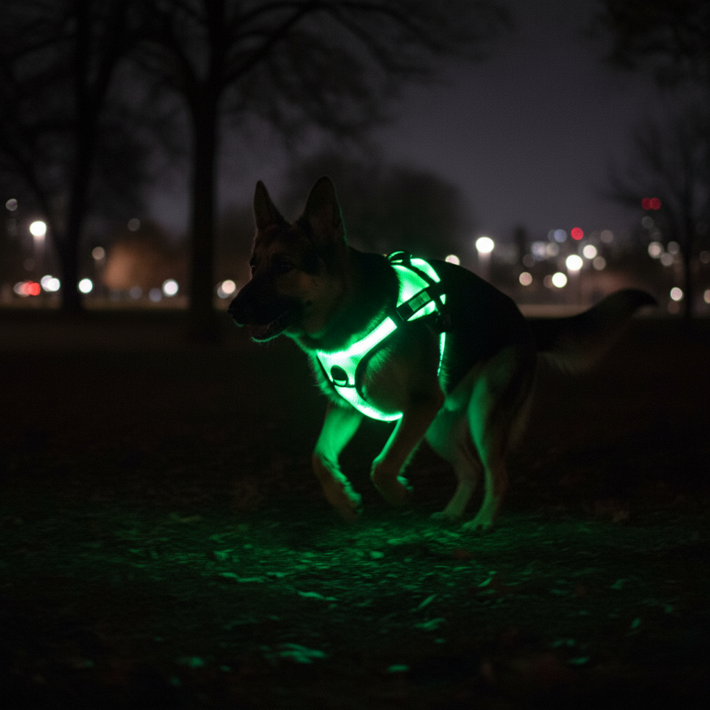 Green Night-Shield Pro harness glowing on a German Shepherd at night
