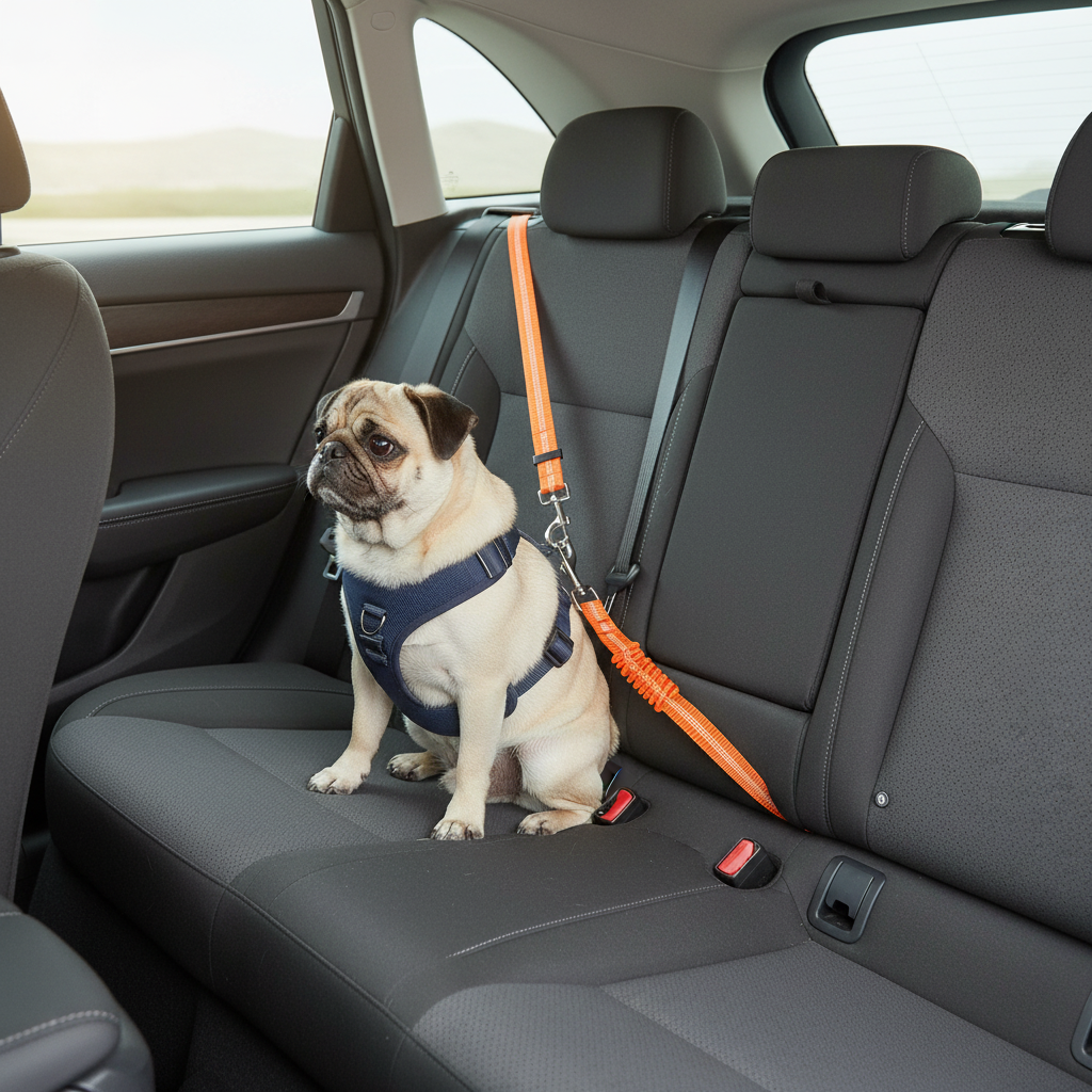 Orange Shield-Drive lead with Pug secured in car back seat