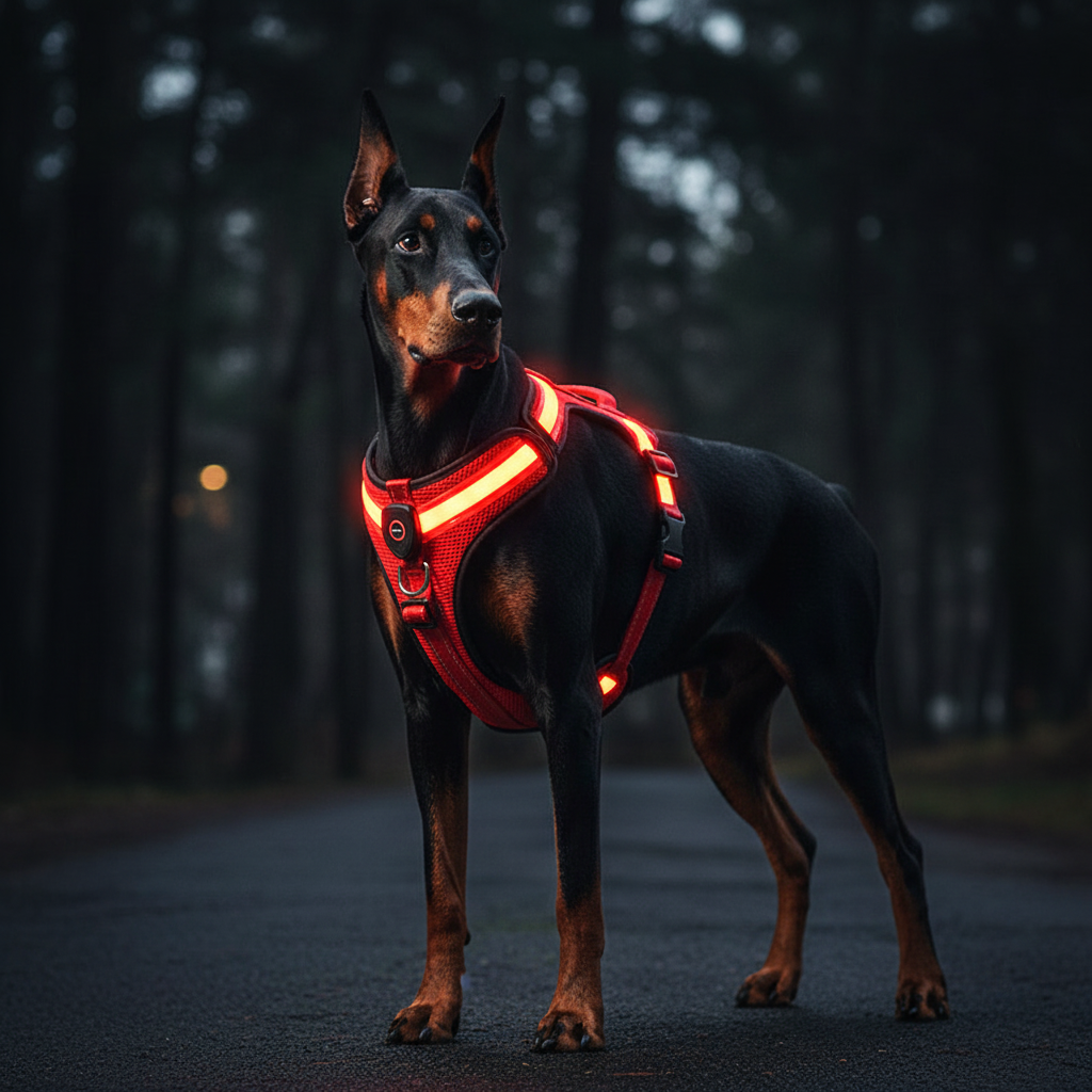 Red Night-Shield 360 LED harness on a Doberman at night, cinematic