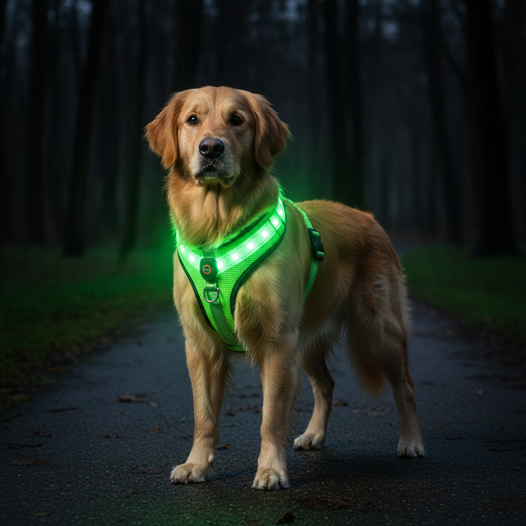 Green Night-Shield 360 LED harness on a Golden Retriever at night, cinematic