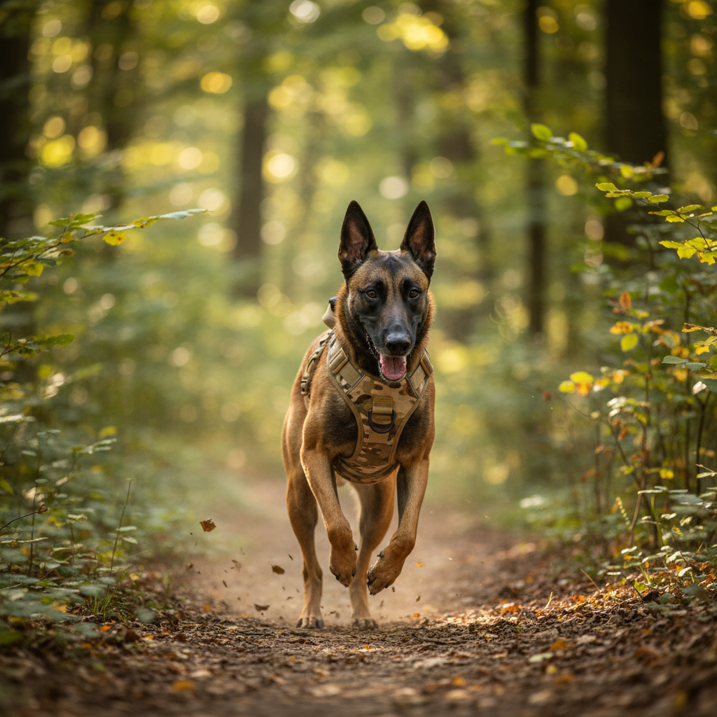 Camouflage tactical Shield-Lock harness on a Belgian Malinois