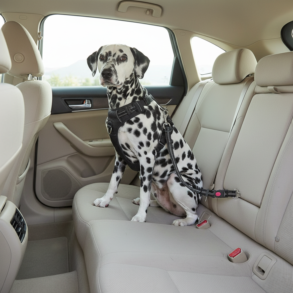 Black Shield-Drive lead with Dalmatian secured in car back seat