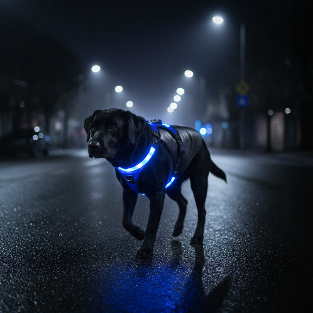 Blue Night-Shield Pro harness glowing on a Labrador at night