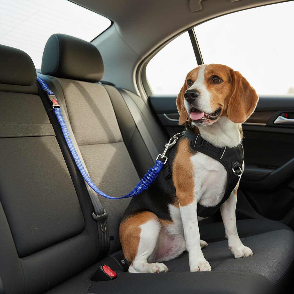 Dark blue Shield-Drive lead with Beagle secured in car back seat